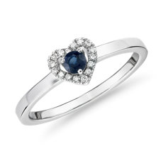 14k 白金小巧蓝宝石与钻石密钉心形戒指（3 毫米）