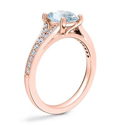 Petite Split Shank Pavé Cathedral Engagement Ring with Oval Aquamarine in 14k Rose Gold (8x6mm)