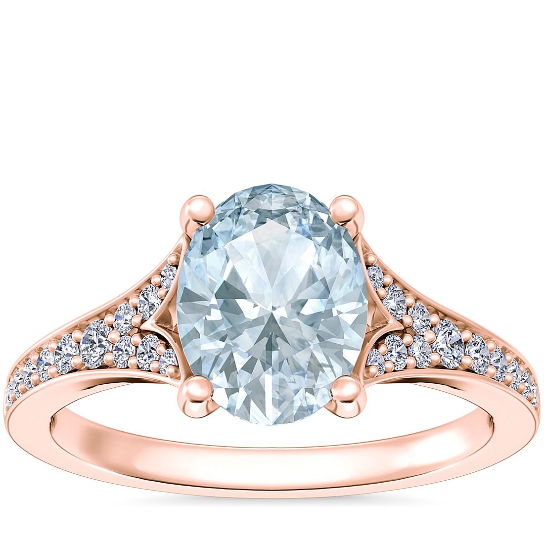 Petite Split Shank Pavé Cathedral Engagement Ring with Oval Aquamarine in 14k Rose Gold (8x6mm)