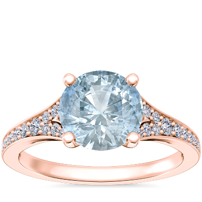 Petite Split Shank Pavé Cathedral Engagement Ring with Round Aquamarine