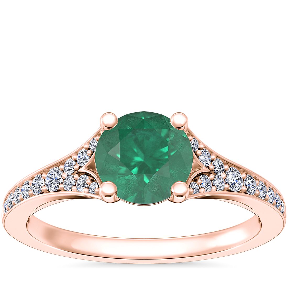 14k 玫瑰金圆形祖母绿小巧分叉戒环密钉大教堂订婚戒指（6.5 毫米）