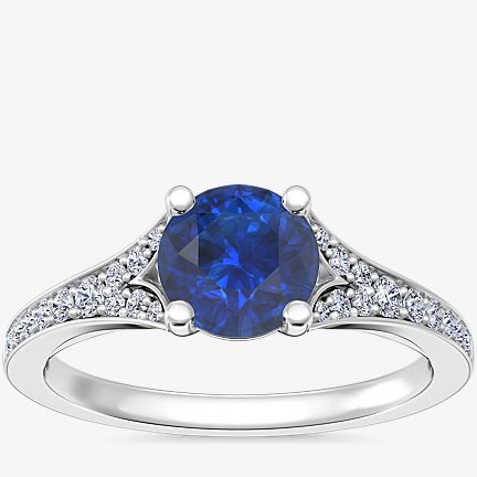 Petite Split Shank Pavé Cathedral Engagement Ring with Round Sapphire in 14k White Gold (6mm)
