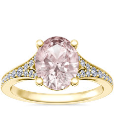 Petite Split Shank Pavé Cathedral Engagement Ring with Oval Morganite in 14k Yellow Gold (9x7mm)