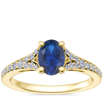 Petite Split Shank Pavé Cathedral Engagement Ring with Oval Sapphire in ...