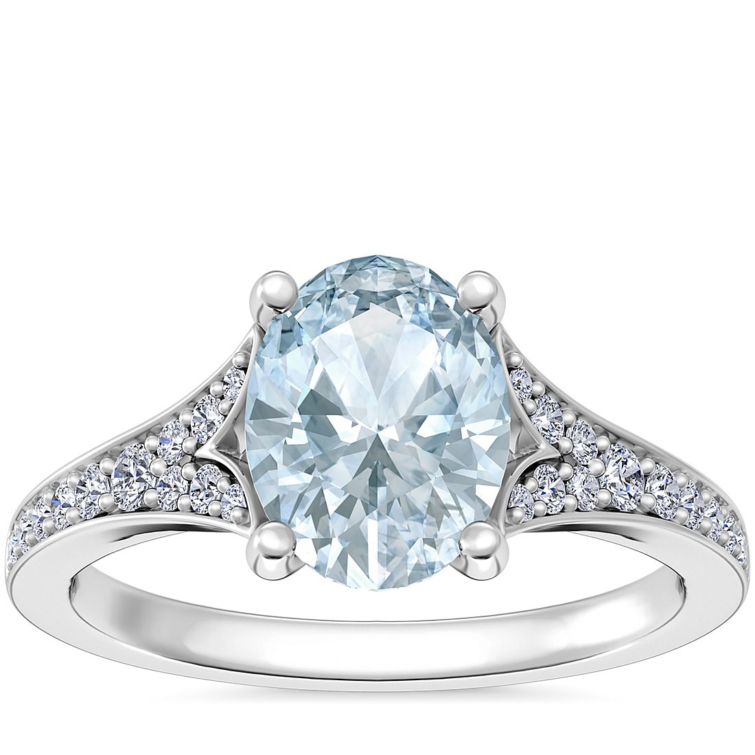 Petite Split Shank Pavé Cathedral Engagement Ring with Oval Aquamarine in Platinum (8x6mm)