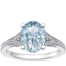Petite Split Shank Pavé Cathedral Engagement Ring with Oval Aquamarine in Platinum (9x7mm)