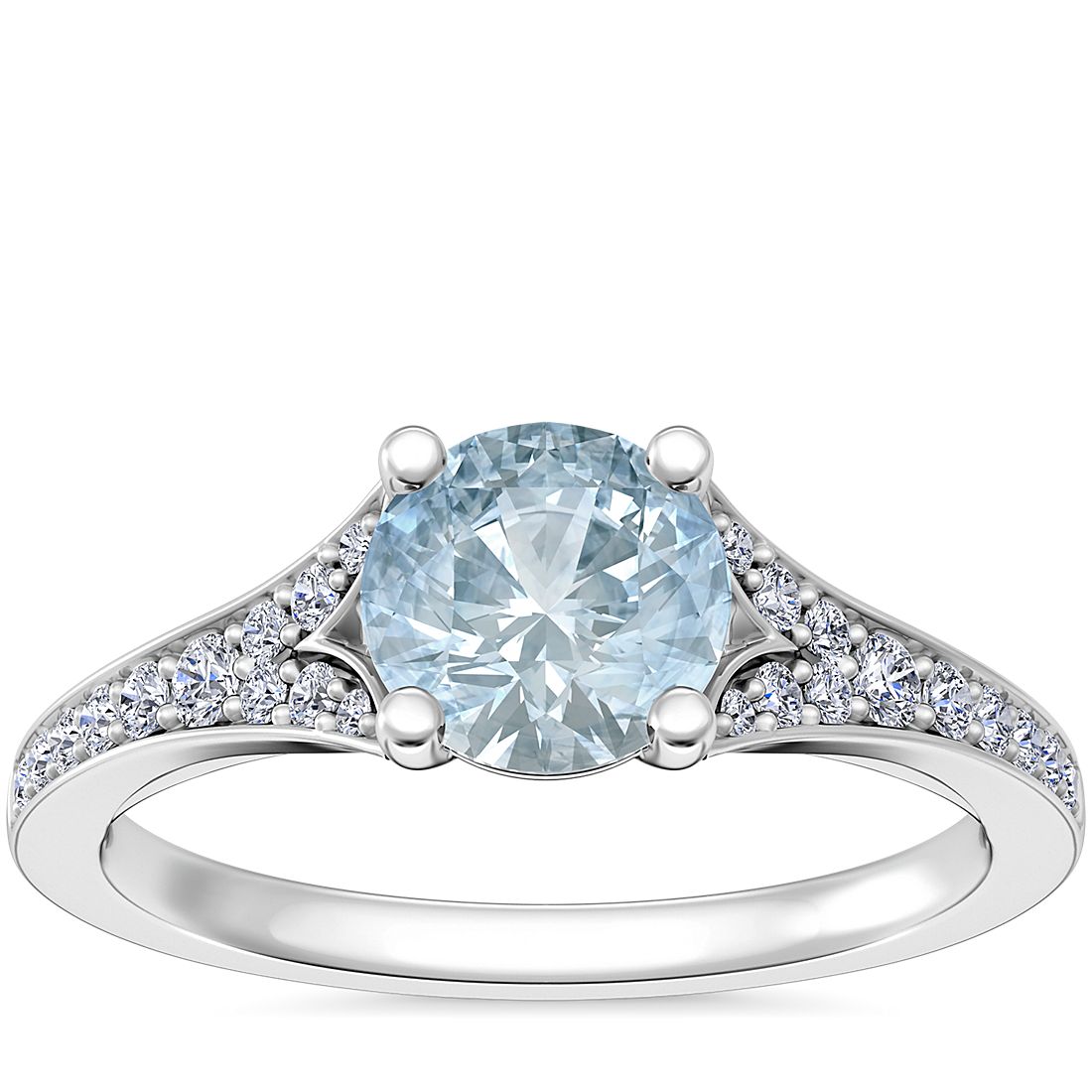 Petite Split Shank Pavé Cathedral Engagement Ring with Round Aquamarine in Platinum (6.5mm)