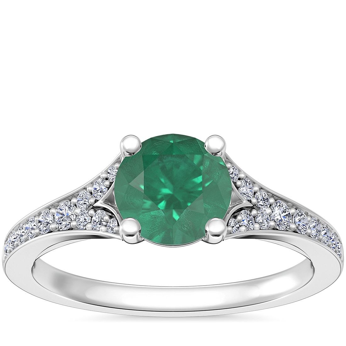Petite Split Shank Pavé Cathedral Engagement Ring with Round Emerald in Platinum (6.5mm)