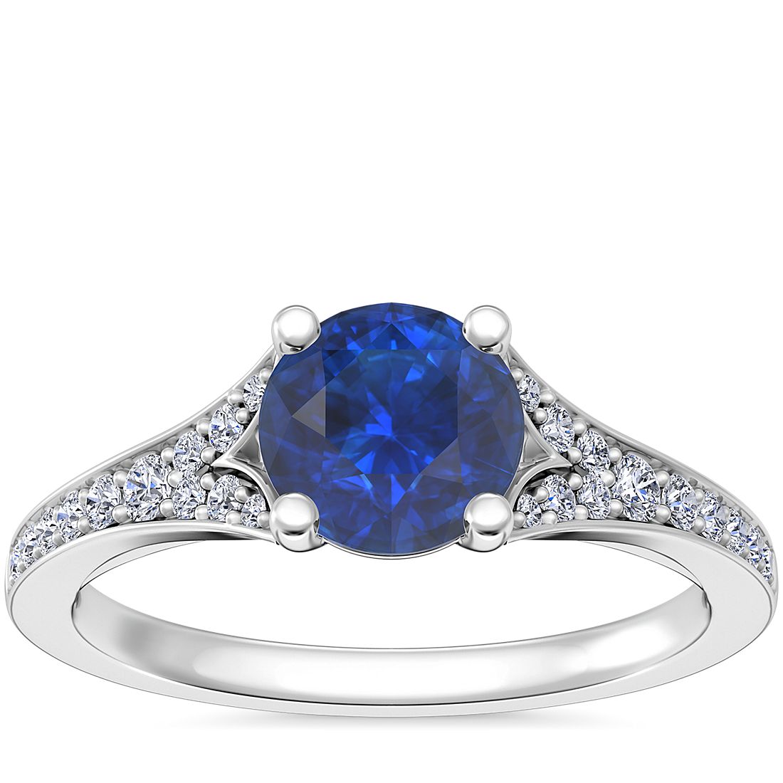 Petite Split Shank Pavé Cathedral Engagement Ring with Round Sapphire in Platinum (6mm)