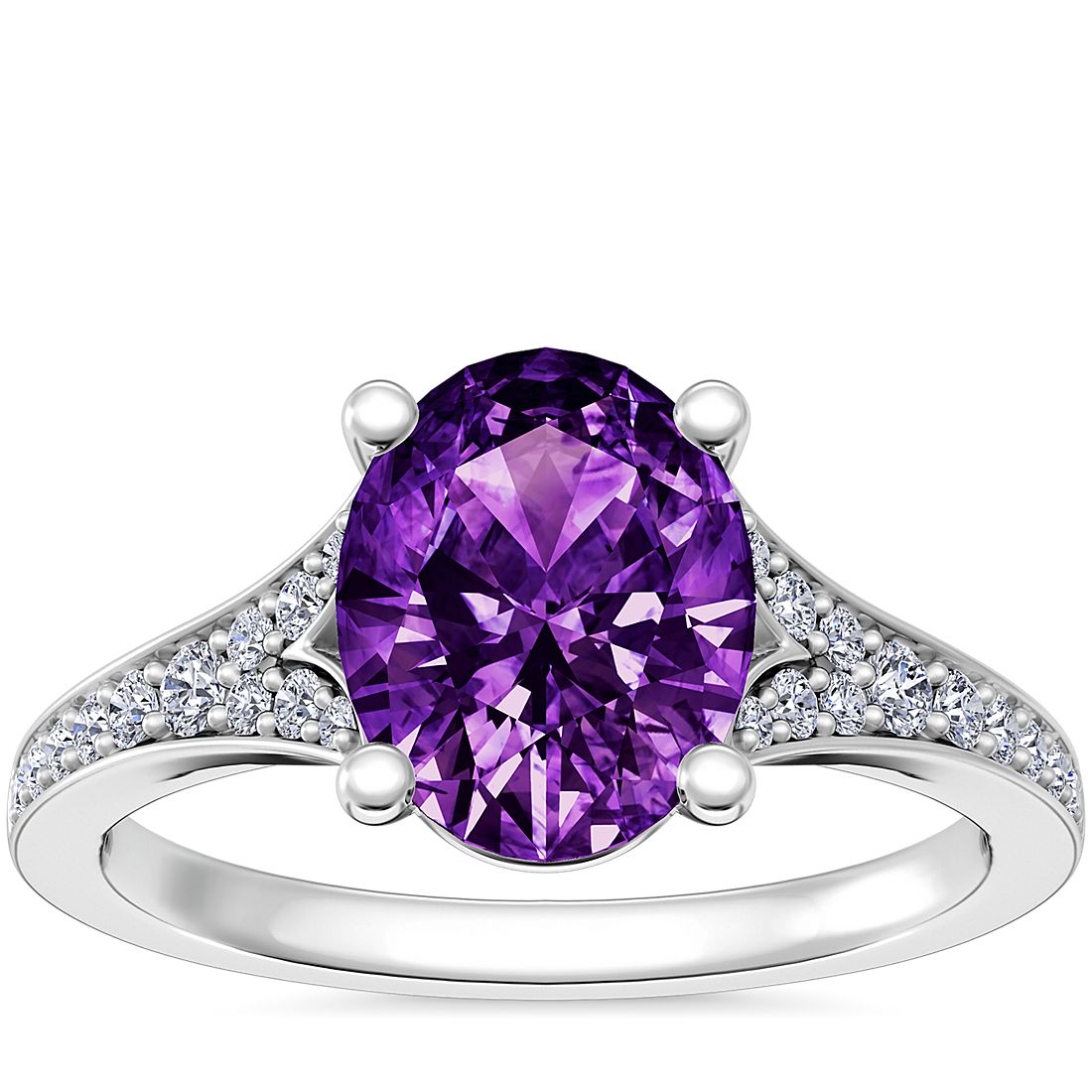 Petite Split Shank Pavé Cathedral Engagement Ring with Oval Amethyst in 14k White Gold (9x7mm)