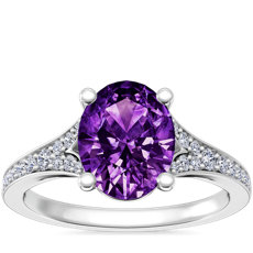 新款 铂金椭圆形紫水晶小巧分叉戒环密钉大教堂订婚戒指（9x7 毫米）