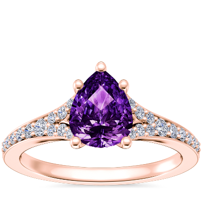 NEW Petite Split Shank Pavé Cathedral Engagement Ring with Pear-Shaped Amethyst in 14k Rose Gold (8x6mm)