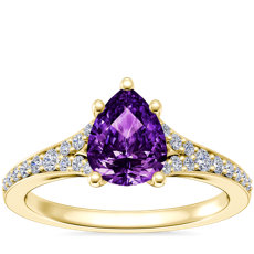 NEW Petite Split Shank Pavé Cathedral Engagement Ring with Pear-Shaped Amethyst in 14k Yellow Gold (8x6mm)