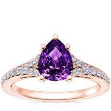 NEW Petite Split Shank Pavé Cathedral Engagement Ring with Pear-Shaped Amethyst in 18k Rose Gold (8x6mm)