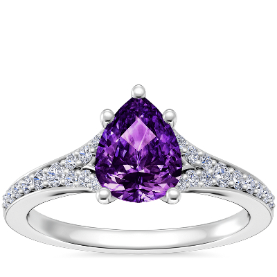 NEW Petite Split Shank Pavé Cathedral Engagement Ring with Pear-Shaped Amethyst in 18k White Gold (8x6mm)