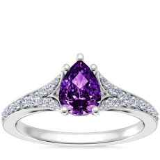 NEW Petite Split Shank Pavé Cathedral Engagement Ring with Pear-Shaped Amethyst in Platinum (7x5mm)