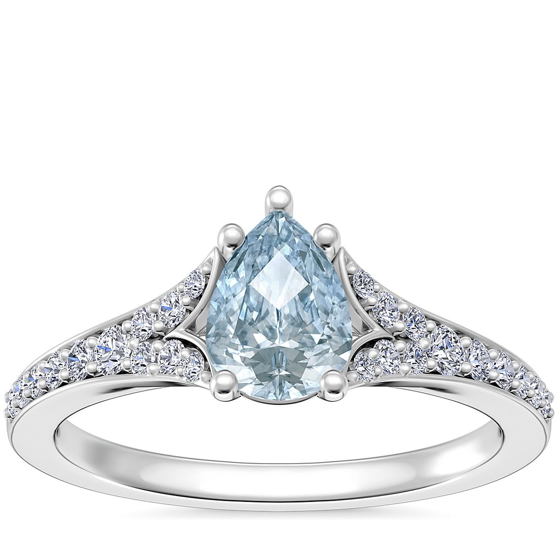 Petite Split Shank Pavé Cathedral Engagement Ring with Pear-Shaped Aquamarine in Platinum (7x5mm)