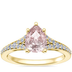 NEW Petite Split Shank Pavé Cathedral Engagement Ring with Pear-Shaped Morganite in 14k Yellow Gold (8x6mm)