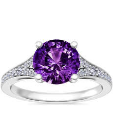 14k 白金小巧分岔戒環密釘大教堂訂婚戒指搭圓形紫水晶（8 毫米）