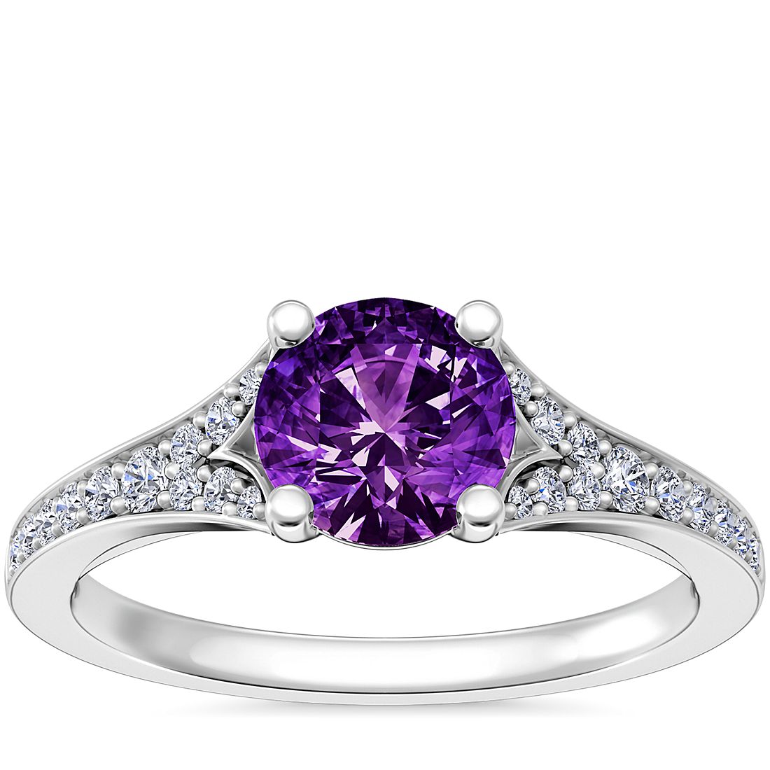 Petite Split Shank Pavé Cathedral Engagement Ring with Round Amethyst in Platinum (6.5mm)