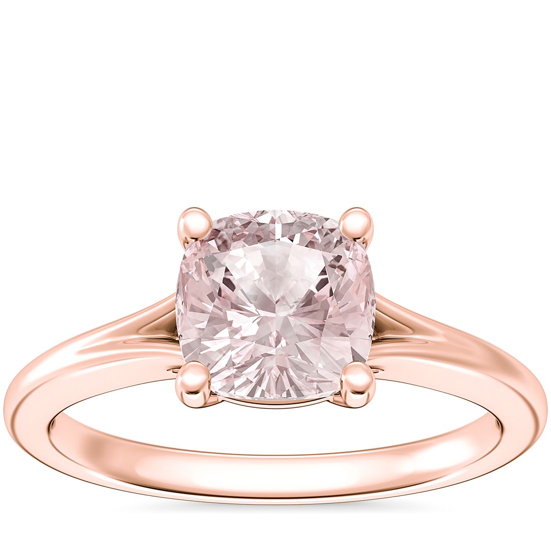 14k 玫瑰金镶嵌垫形摩根石的小巧分叉戒环单石订婚戒指（6.5 毫米）