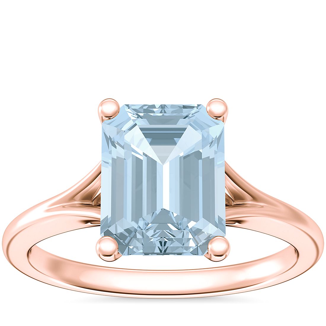 Petite Split Shank Solitaire Engagement Ring with Emerald-Cut Aquamarine in 14k Rose Gold (9x7mm)
