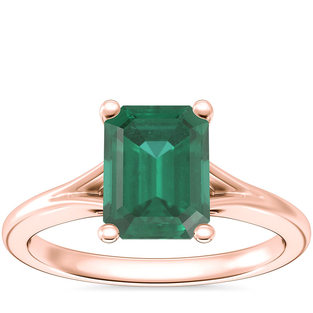 Petite Split Shank Solitaire Engagement Ring with Emerald-Cut Emerald in 14k Rose Gold (8x6mm)