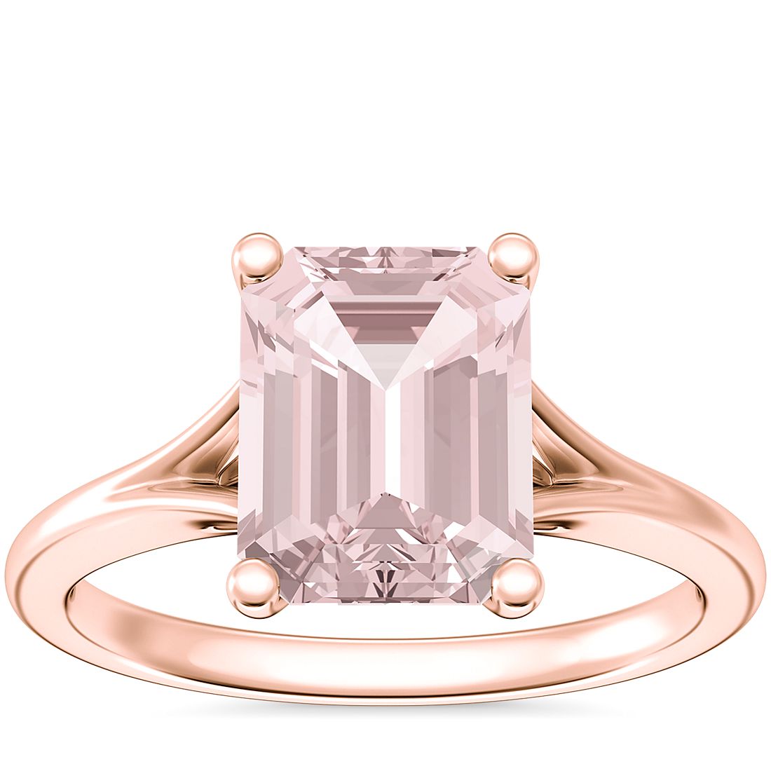 Petite Split Shank Solitaire Engagement Ring with Emerald-Cut Morganite in 14k Rose Gold (9x7mm)