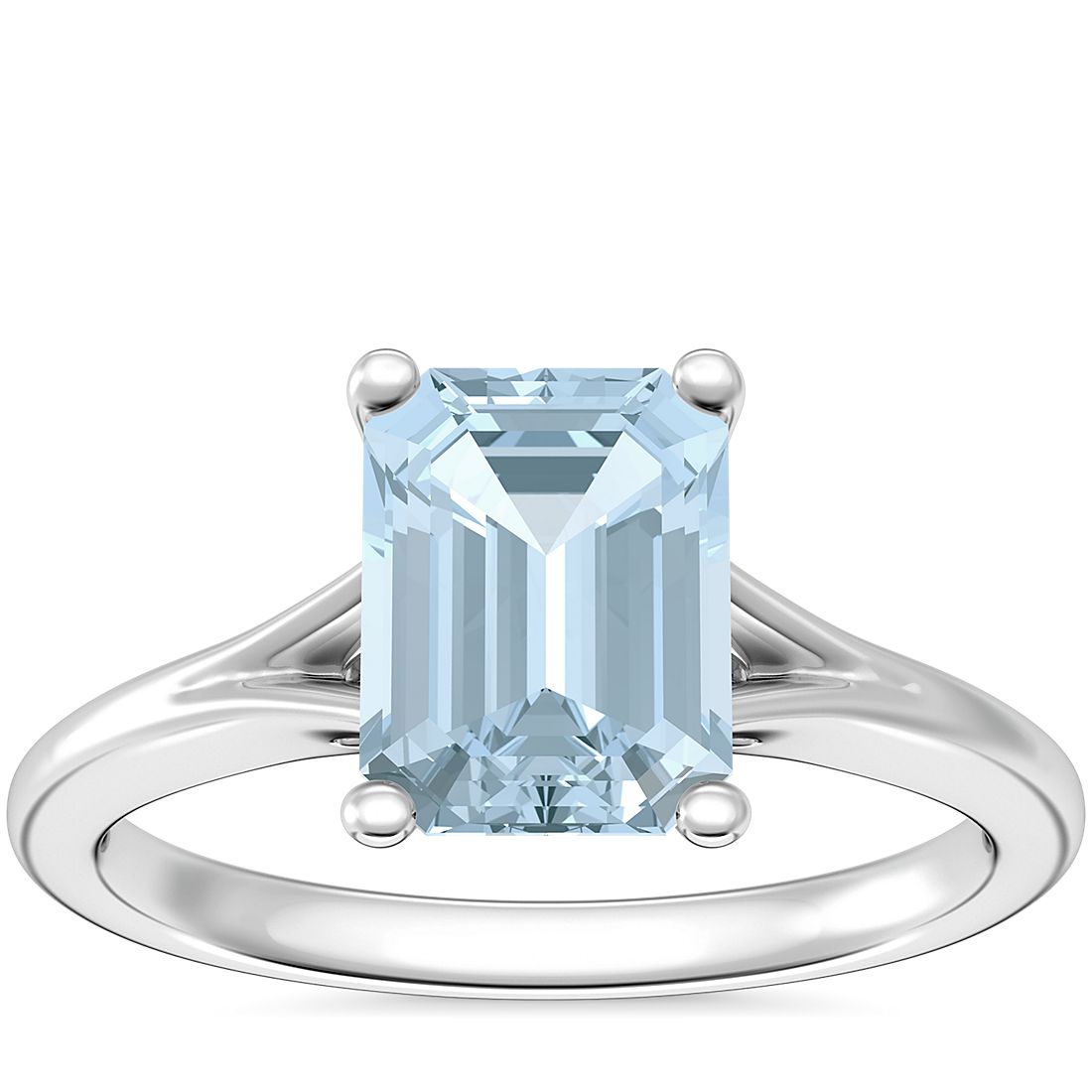 Petite Split Shank Solitaire Engagement Ring with Emerald-Cut Aquamarine in 14k White Gold (8x6mm)