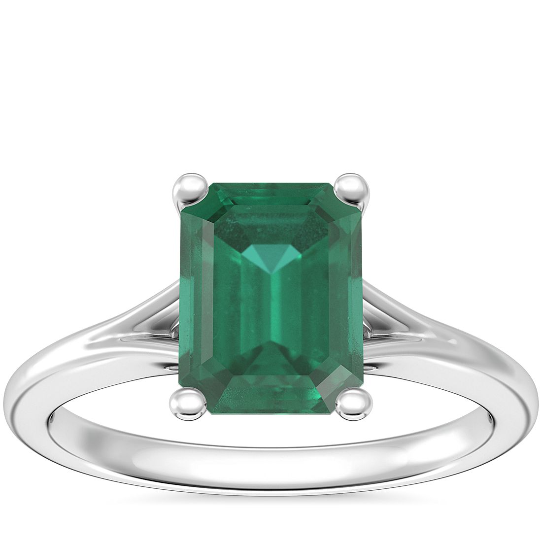 Petite Split Shank Solitaire Engagement Ring with Emerald-Cut Emerald in 14k White Gold (8x6mm)