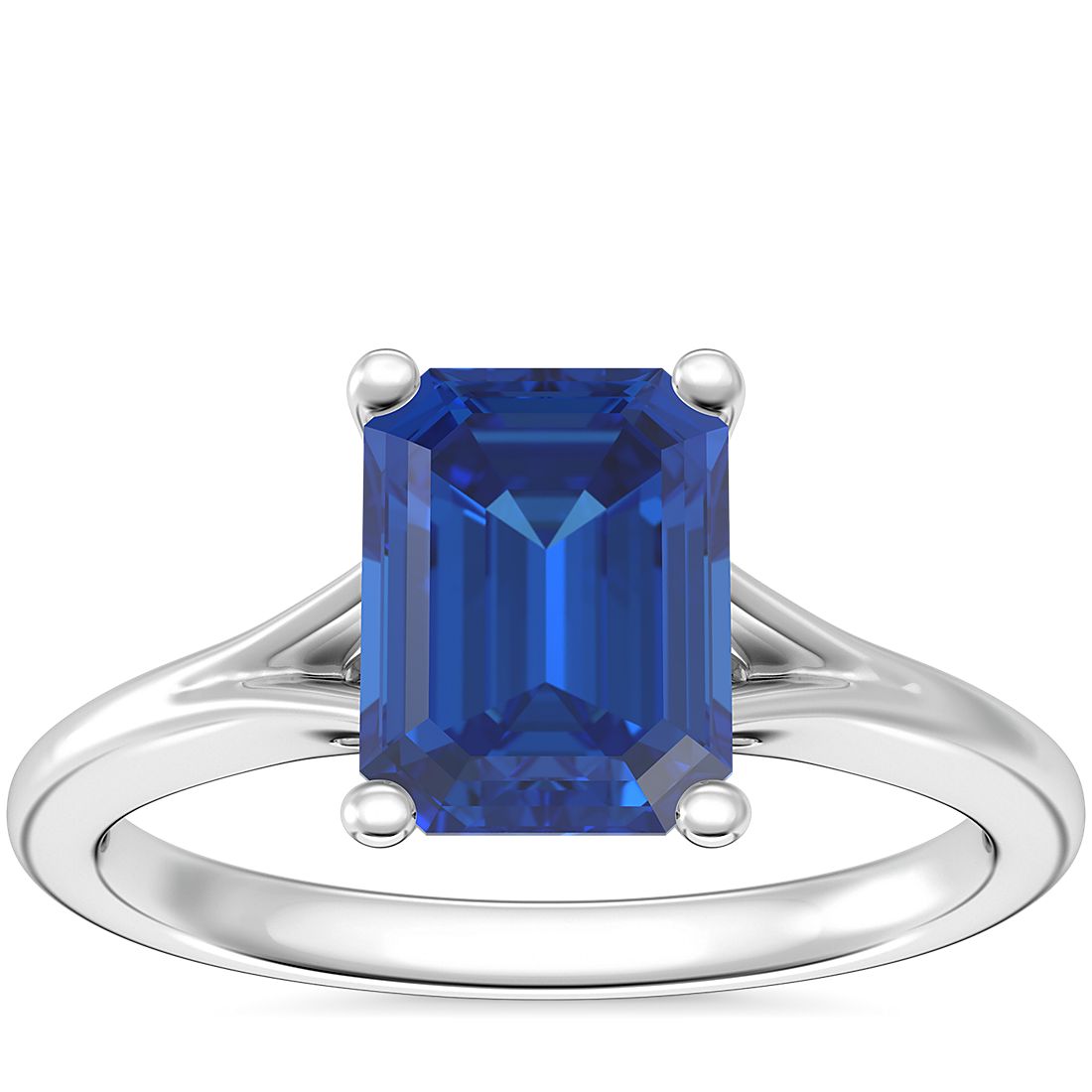 Petite Split Shank Solitaire Engagement Ring with Emerald-Cut Sapphire in 14k White Gold (8x6mm)