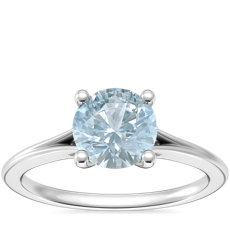 Petite Split Shank Solitaire Engagement Ring with Round Aquamarine in 14k White Gold (6.5mm)