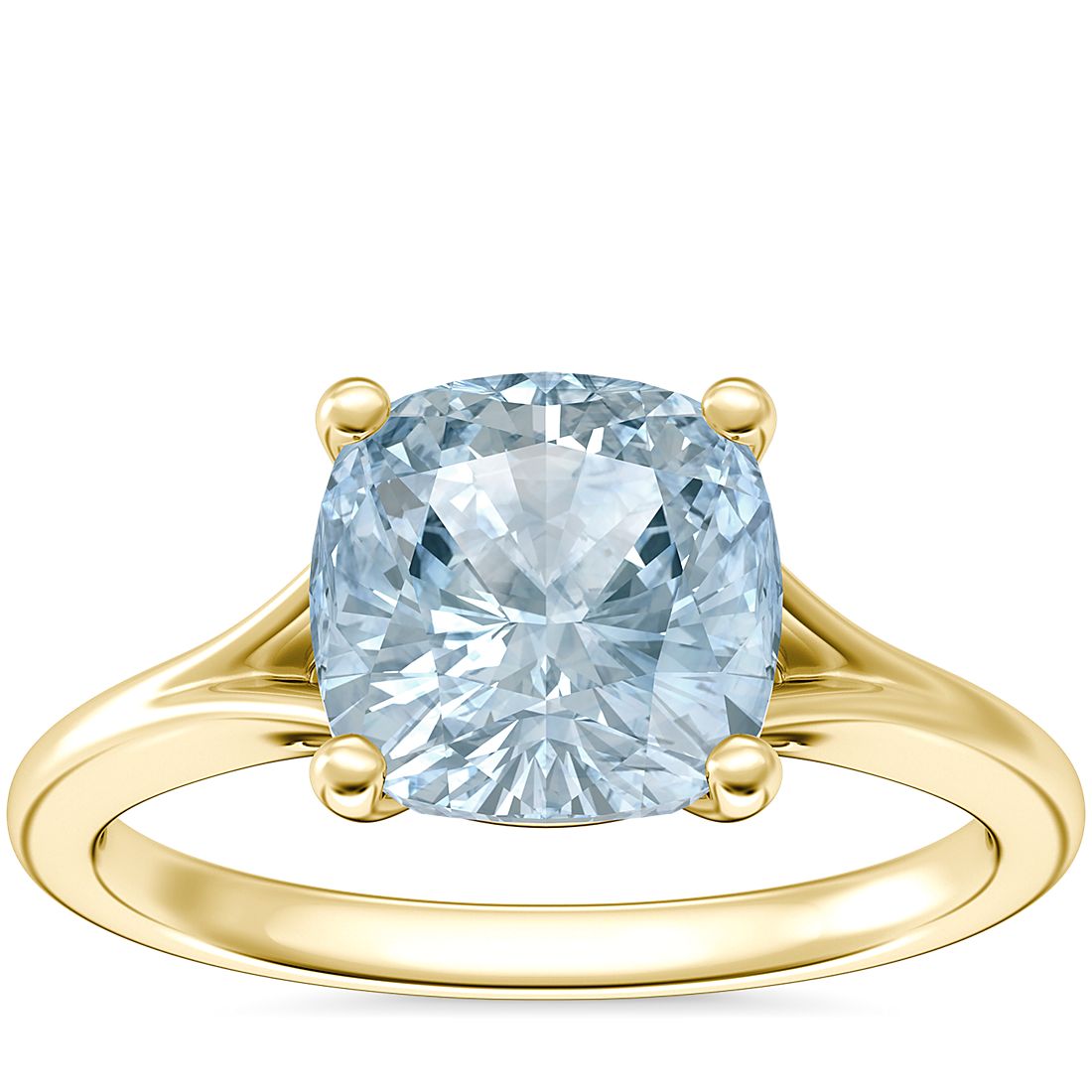 Petite Split Shank Solitaire Engagement Ring with Cushion Aquamarine in 14k Yellow Gold (8mm)