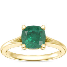 Petite Split Shank Solitaire Engagement Ring with Cushion Emerald in 14k Yellow Gold (6.5mm)