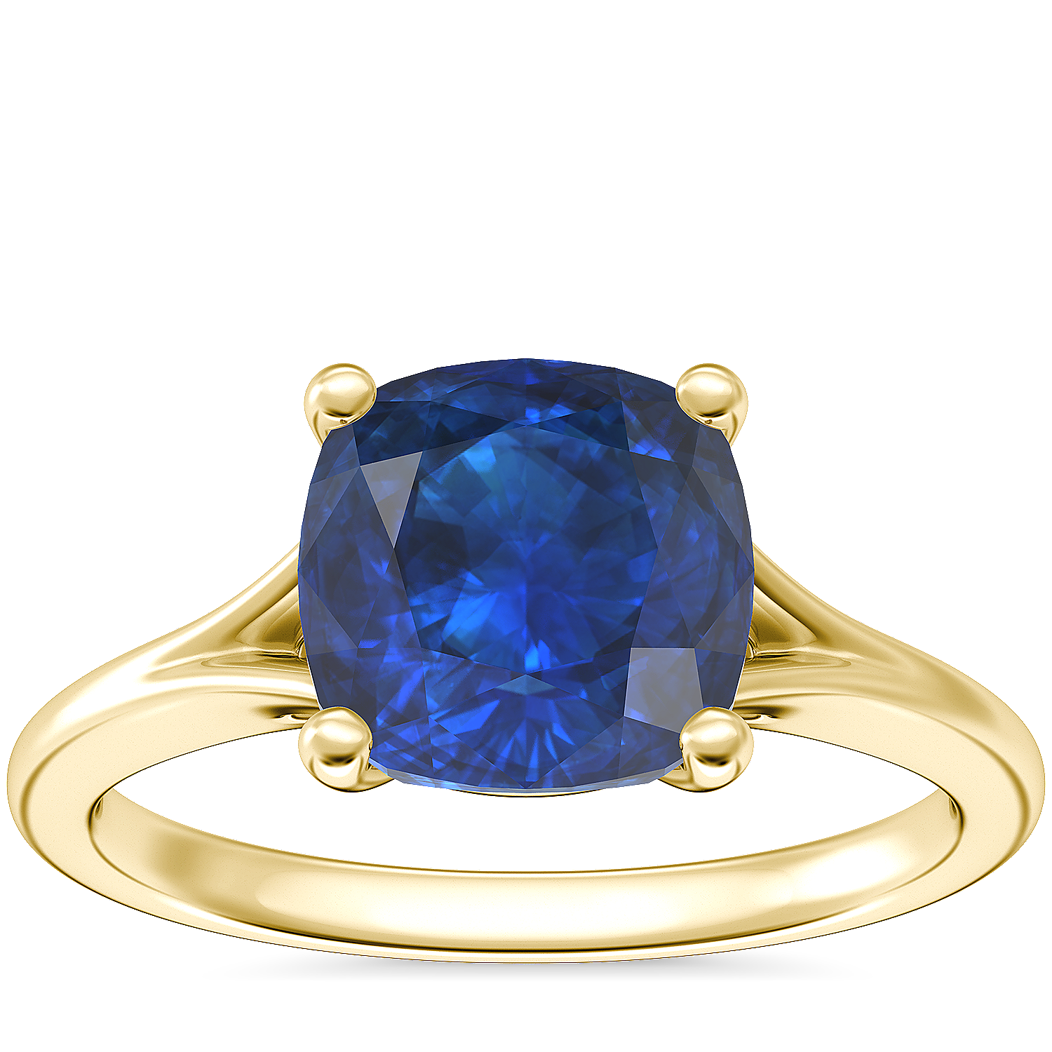 Petite Split Shank Solitaire Engagement Ring with Cushion Sapphire in 14k Yellow Gold (8mm)