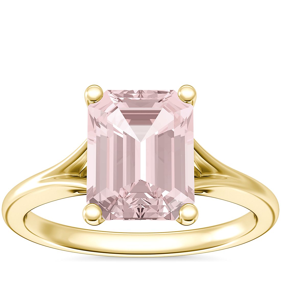 Petite Split Shank Solitaire Engagement Ring with Emerald-Cut Morganite in 14k Yellow Gold (9x7mm)