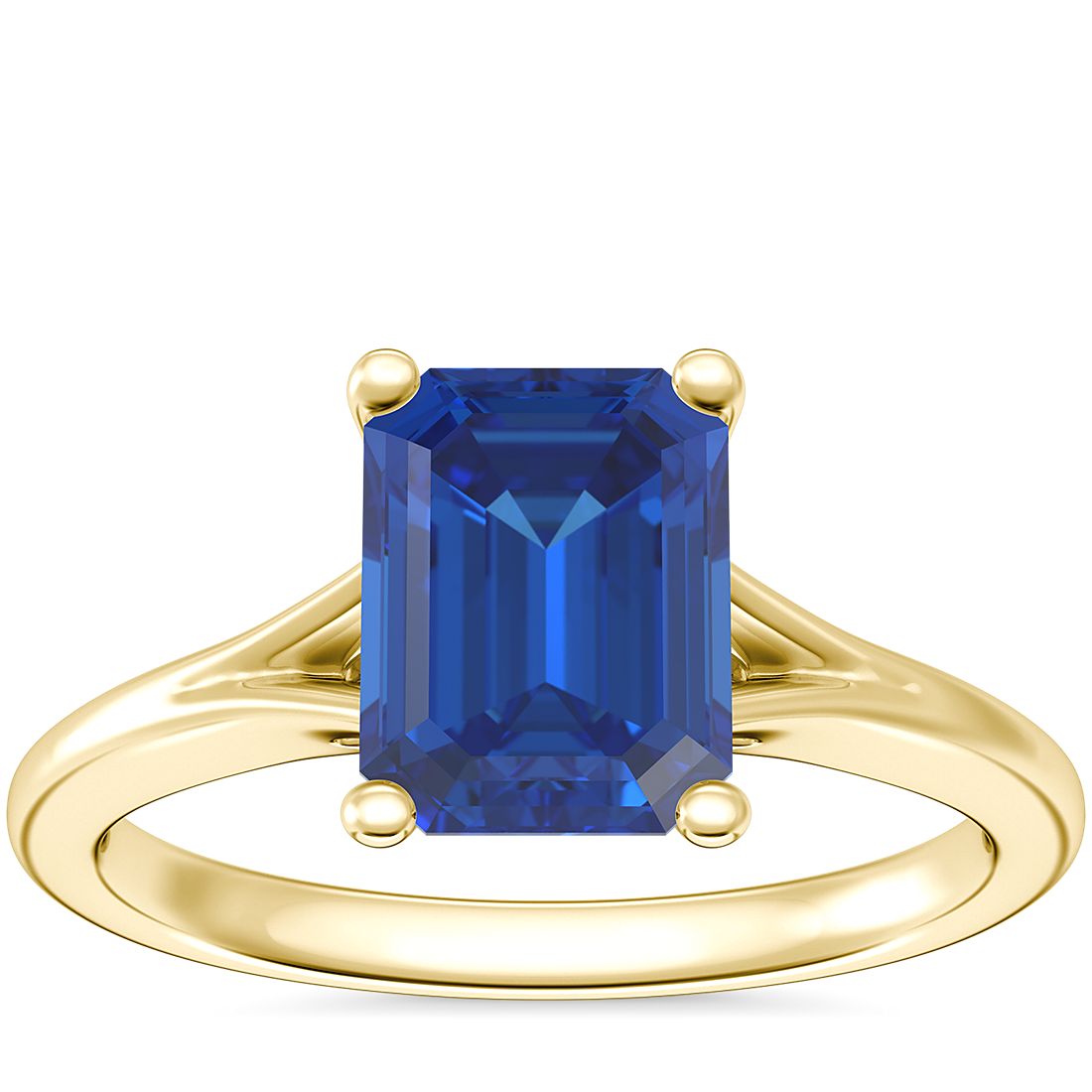 Petite Split Shank Solitaire Engagement Ring with Emerald-Cut Sapphire in 14k Yellow Gold (8x6mm)