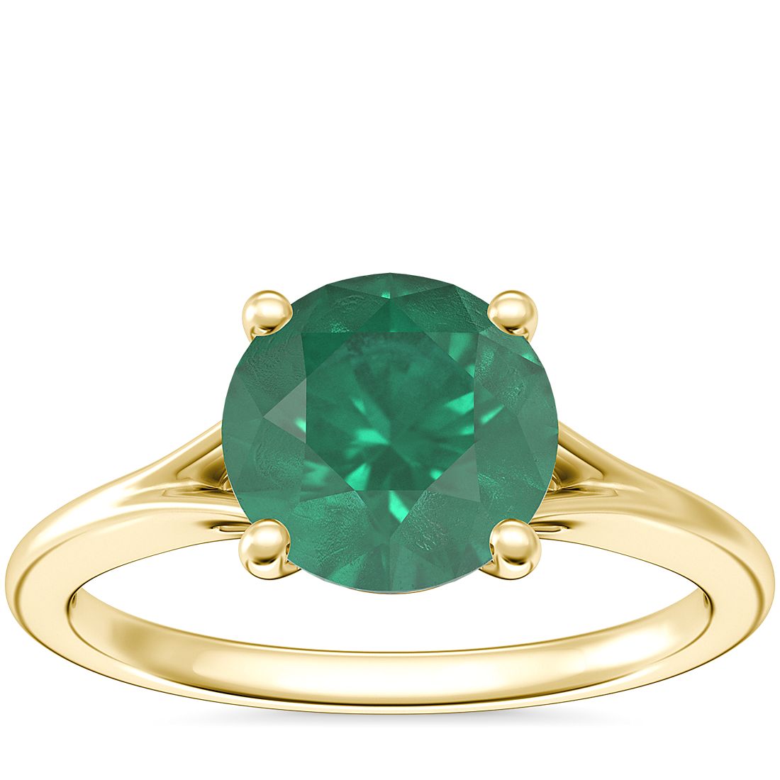 Petite Split Shank Solitaire Engagement Ring with Round Emerald in 14k Yellow Gold (8mm)