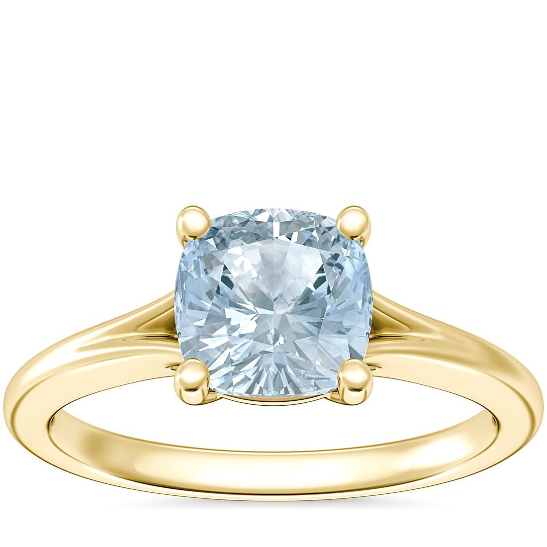 Petite Split Shank Solitaire Engagement Ring with Cushion Aquamarine in 18k Yellow Gold (6.5mm)