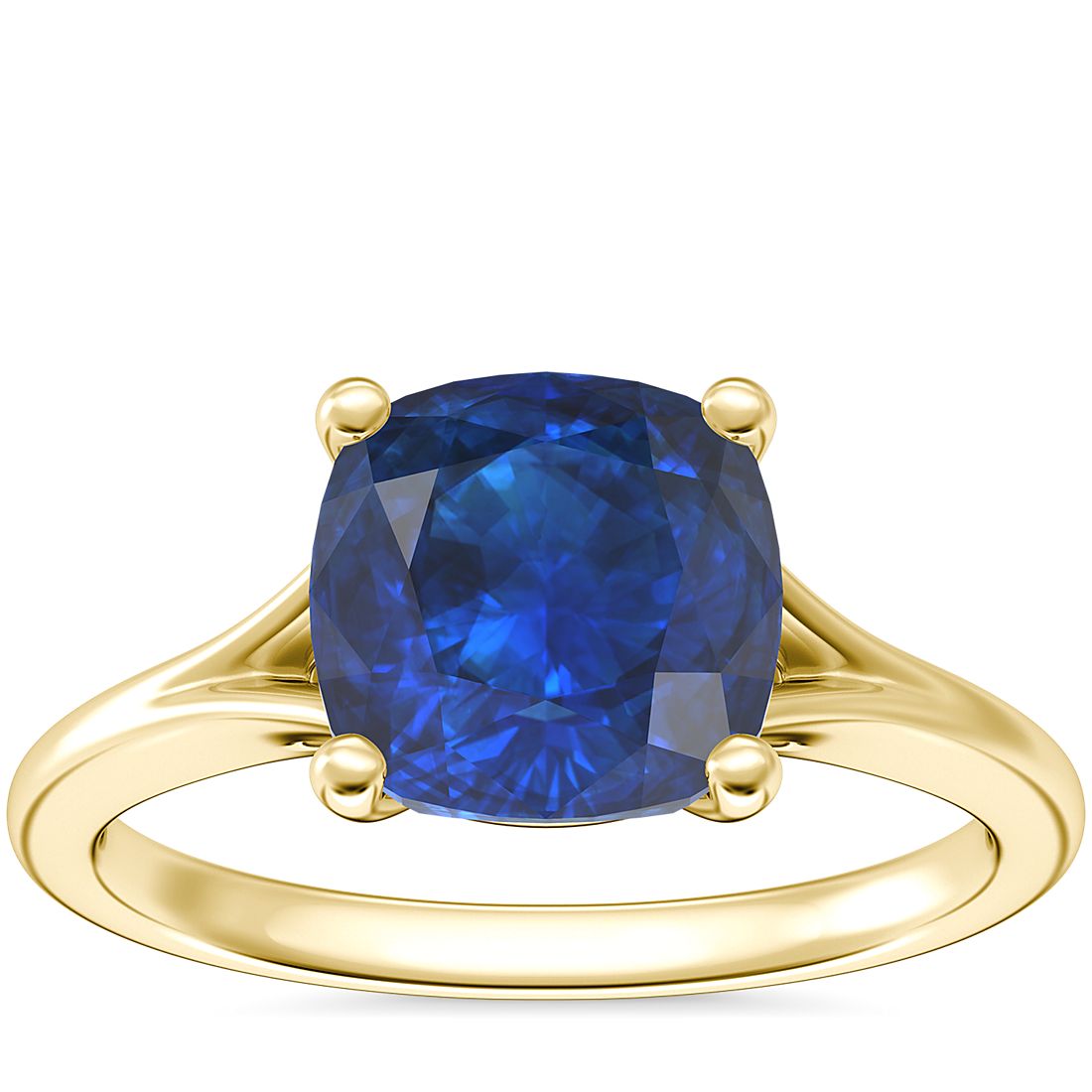 Petite Split Shank Solitaire Engagement Ring with Cushion Sapphire in 18k Yellow Gold (8mm)