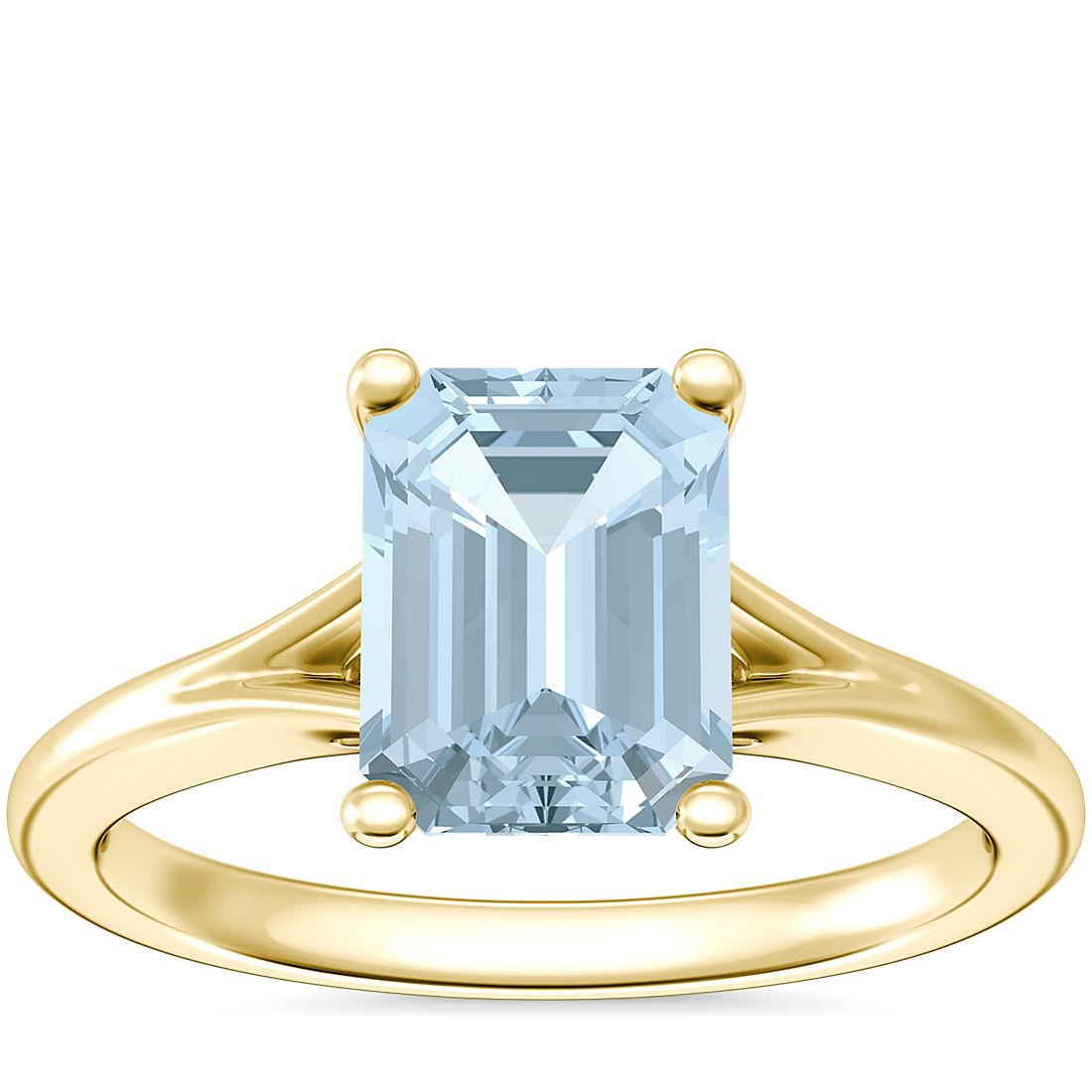 Petite Split Shank Solitaire Engagement Ring with Emerald-Cut Aquamarine in 18k Yellow Gold (8x6mm)