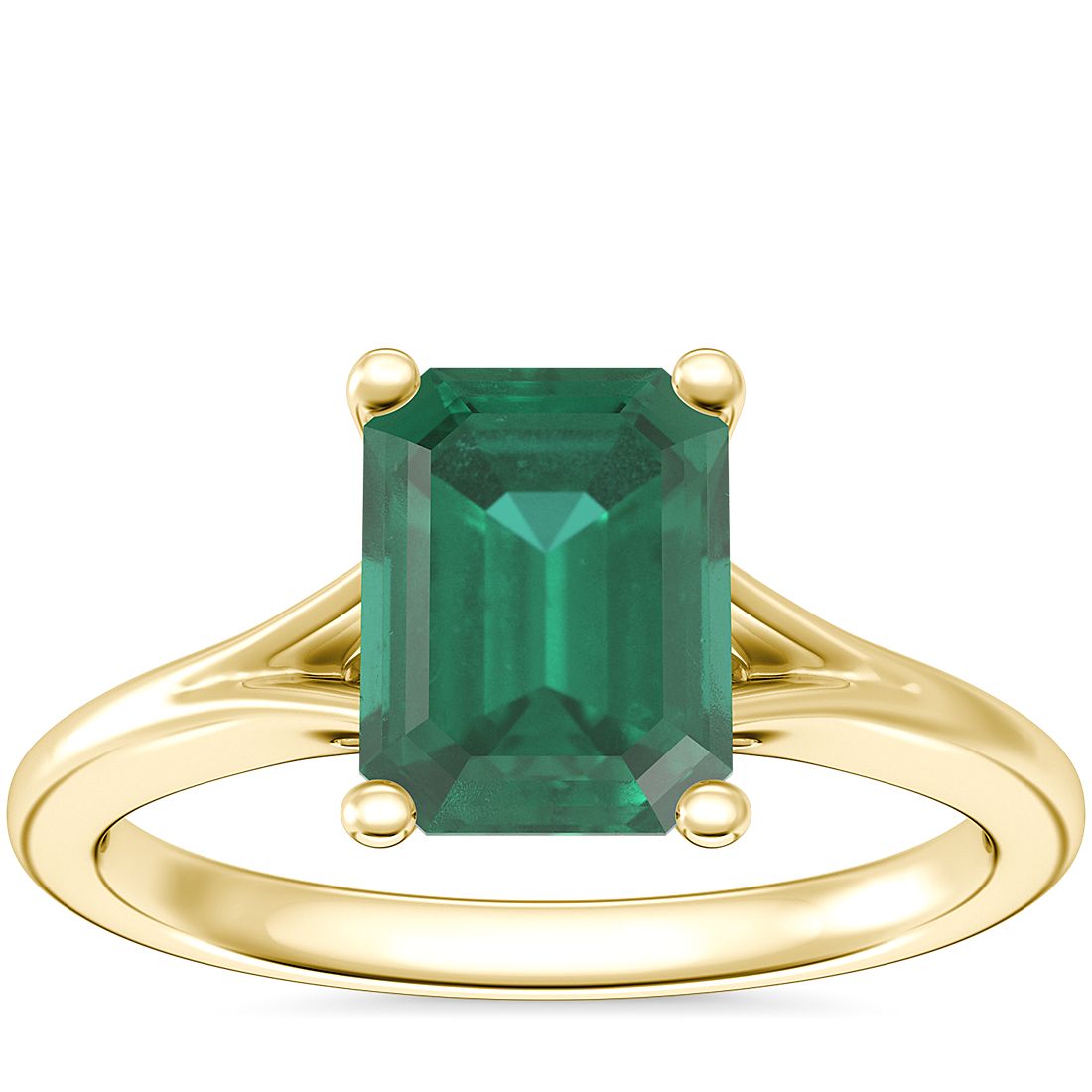 Petite Split Shank Solitaire Engagement Ring with Emerald-Cut Emerald in 18k Yellow Gold (8x6mm)