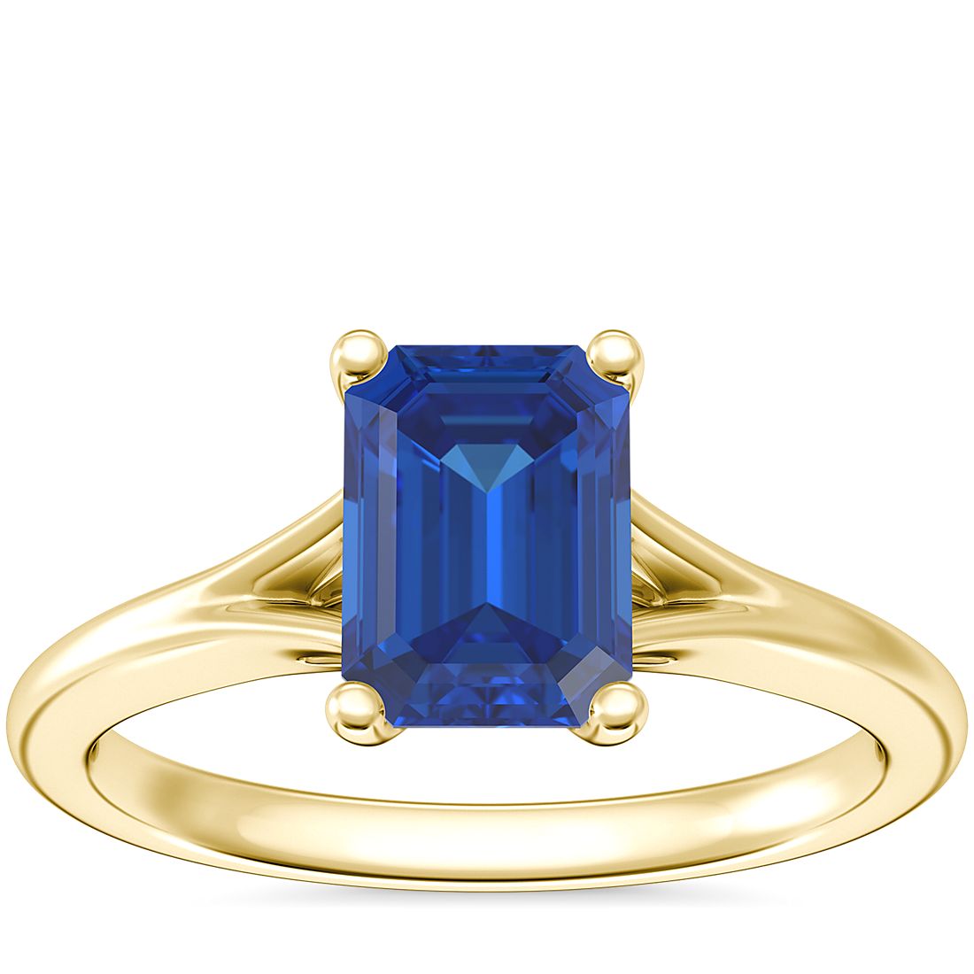 Petite Split Shank Solitaire Engagement Ring with Emerald-Cut Sapphire in 18k Yellow Gold (7x5mm)