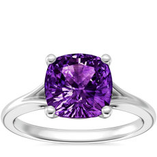 新款 14k 白金小巧分岔戒指環單石訂婚戒指搭墊形紫水晶 （8 毫米）