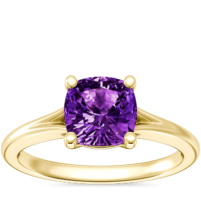 Petite Split Shank Solitaire Engagement Ring with Cushion Amethyst in ...