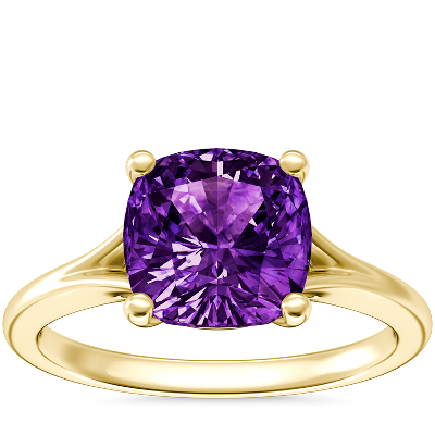 Petite Split Shank Solitaire Engagement Ring with Cushion Amethyst in ...