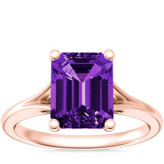 Petite Split Shank Solitaire Engagement Ring with Emerald-Cut Amethyst in 14k Rose Gold (9x7mm)