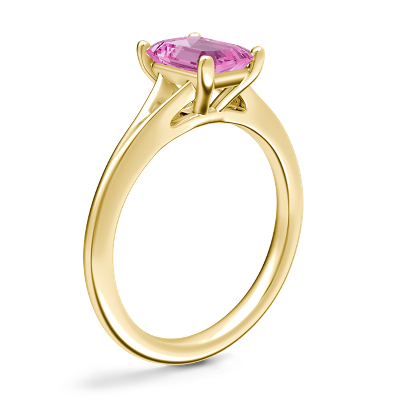 Petite Split Shank Solitaire Engagement Ring with Emerald-Cut Pink Sapphire in 18k Yellow Gold (7x5mm)
