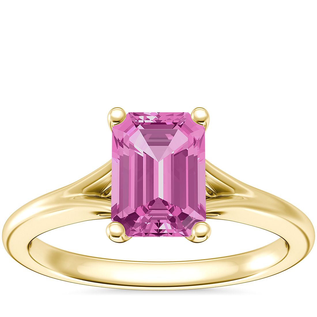 Petite Split Shank Solitaire Engagement Ring with Emerald-Cut Pink Sapphire in 18k Yellow Gold (7x5mm)