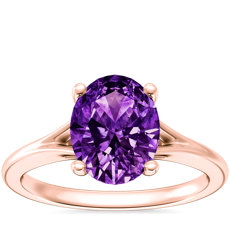 Petite Split Shank Solitaire Engagement Ring with Oval Amethyst in 14k Rose Gold (9x7mm)